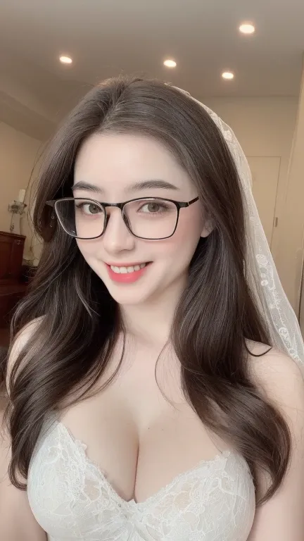 ((realistic, pale white skin:1.3,high resolution:1.3)), 1 girl with perfect figure, thin round glasses, smile, super fine face a...