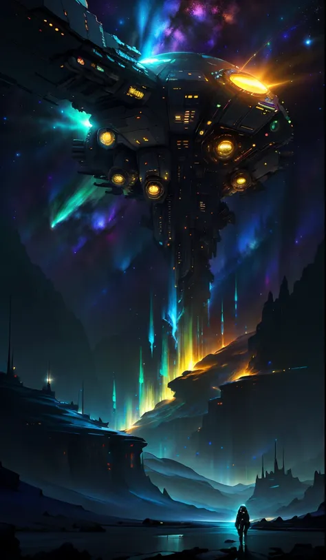 cosmos, alien giant mothership emits golden light crashing into the planet, super exquisite details，Aurora chase，Extreme light and shadow，Dark space background，Futuristic，Science fiction elements，Ultra photo realism，Barren planet，ultra-wide-angle，No mans d...