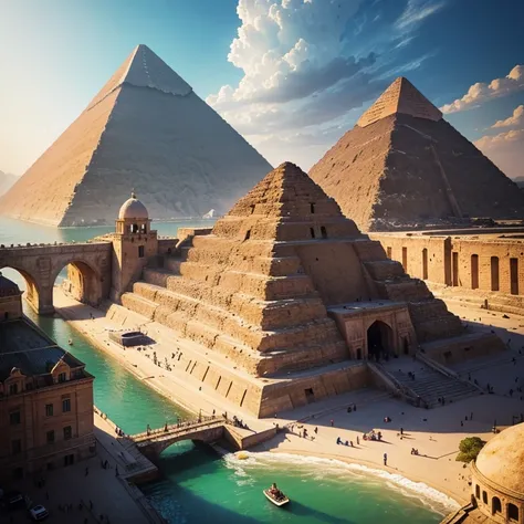 (Great Pyramid surrounded beautiful city, with lots of people strolling), landscape, water, (16k wallpaper of extremely detailed CG unit), most beautiful works of art in the world, majestic water painting professional, intricate, high detail, sharp focus, ...