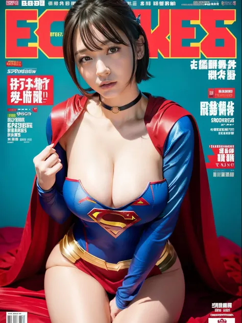 ​masterpiece,Supergirl Costume, short-hair, bare-legged, large full breasts,surgery room、Operating table、straddle、depraved、shiny、Looking at the camera、Provocation、estrus、Cowgirl、Trance、Fayue、enjoyment、The sheen、Red shortcloak、a choker、Weekly magazine cover...