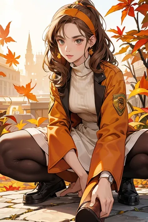 Sienna has curly brown hair, pale skin, and freckles. She wears a white turtleneck sweater with orange edges for the sleeves under a brown blazer in arrow-like patterns. She also wears a skirt with the same pattern as her shirt in her Style A, and a white ...