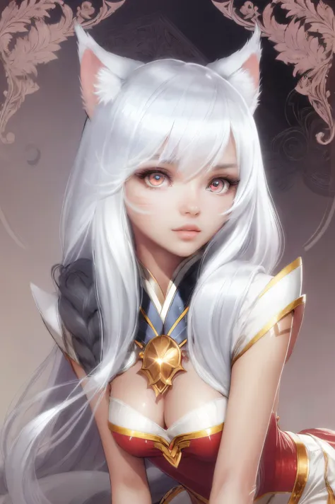 ahri, 1girl, Long hair, red eyes, 独奏,white long dress , Irelia;;, looking a viewer, white colored hair, bronya, lips, , foreshortening, symmetric eyes, Cats pupils, medieval background ,