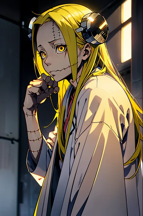 madaraki_fran,a  girl , stands , surgeon&#39;gown , clear face , clean hands , hairlong , yellow hair,seams , scars on the body ...