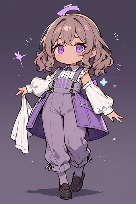 Isadora has a medium skin tone and curly brown hair. She wears a gray shirt with puffed sleeves, a lighter gray collar and sleeve ends, a purple skirt with lighter purple horizontal stripes over gray pants, purple suspenders with lighter purple horizontal ...