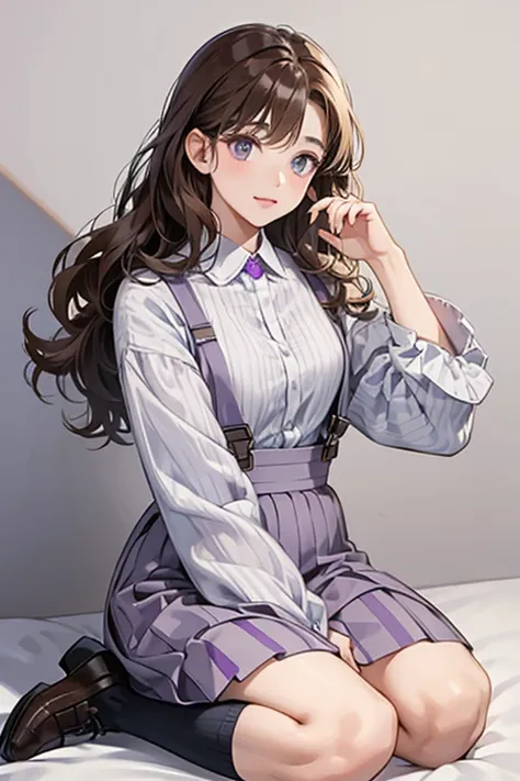 Isadora has a medium skin tone and curly brown hair. She wears a gray shirt with puffed sleeves, a lighter gray collar and sleeve ends, a purple skirt with lighter purple horizontal stripes over gray pants, purple suspenders with lighter purple horizontal ...