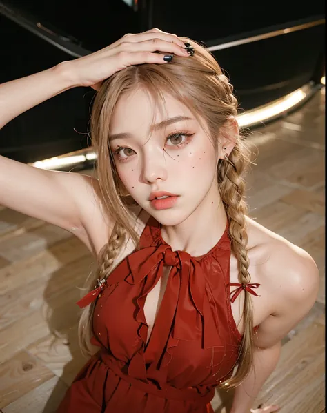 Mujer rubia con trenzas en vestido rojo posando para la foto., Parque Roseanne de Blackpink, Sun Yunjoo, Jossi de Blackpink, Heonhwa Choe, cabello rubio con coletas, Retrato de Jossi de Blackpink, JIA, Parque Ji-min, peinado de coletas, Peinado twintails, ...