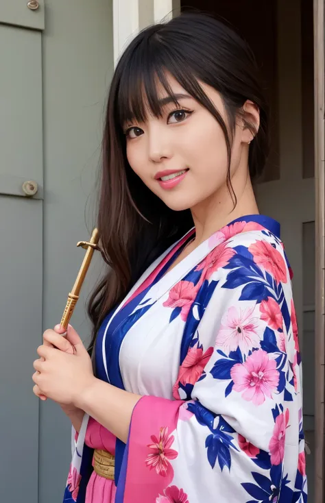 1girl solo、outside of house、cute japanese model girl、kimono、tiger handle、hair adornments、look at the viewer and lower your hair、...