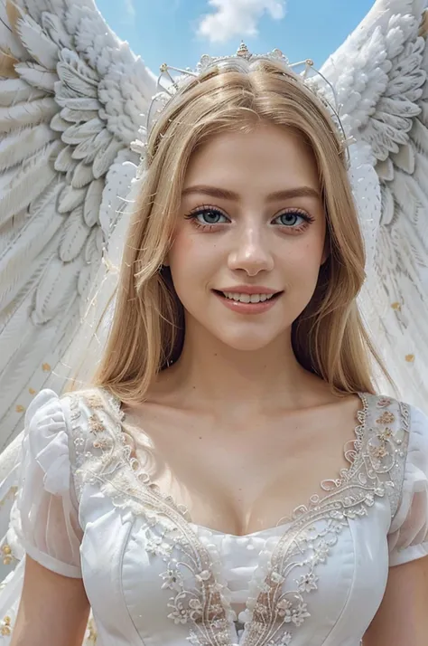 1 woman, ((A very beautiful angel queen, Final form as a complete angel, The masterpiece of the angel woman, Angel queen, The most worthy angel.., Intricate and solemn dresses, Complex and majestic female angel figure.. ,The most majestic figure of the ang...