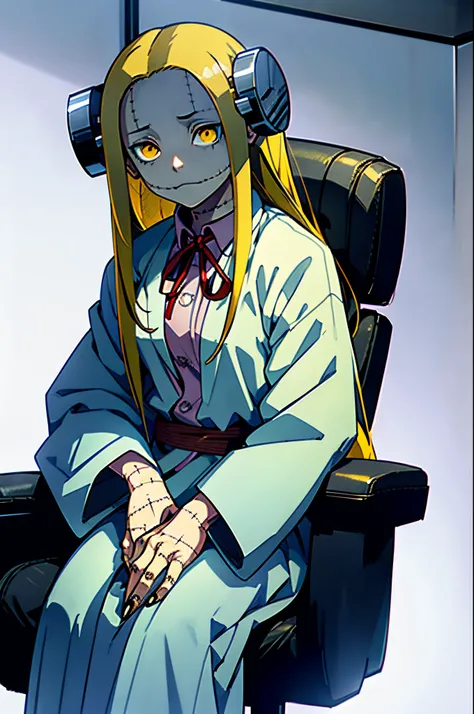 Madaraki_Fran,A  girl , sitting on an office chair , surgeon&#39;gown , clear face , Clean hands , hairlong , yellow hair,seams , Scars on the body , A creepy look , scary eyes , An intimidating look , creepy smile , bags under eyes, ((((Tired))))