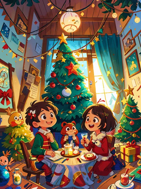 (Best quality, 8K, A high resolution, tmasterpiece:1.2), ultra - detailed, (actual, realistically:1.37), Vibrant colors, Magical atmosphere, Whimsical, ((sky full of stars，The North Star shines)),  (((A male and female couple wearing Christmas costumes cud...