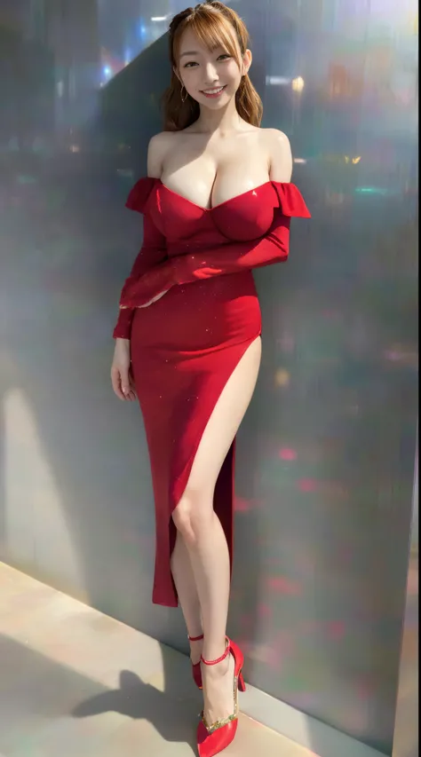 in 8K、超A high resolution、Best Quality、masuter piece、Photorealsitic、The ultra -The high-definition、(huge tit、Pretty big breasts、large cleavage、toned body:1.18)(A bright red off-shoulder party dress with a big slit、Stand with your legs quite wide open、Office...