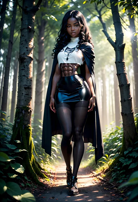 black girl, african girl (((very dark skin))), wearing low-rise micro-skirt, bare waist, narrow waist, super defined abs.