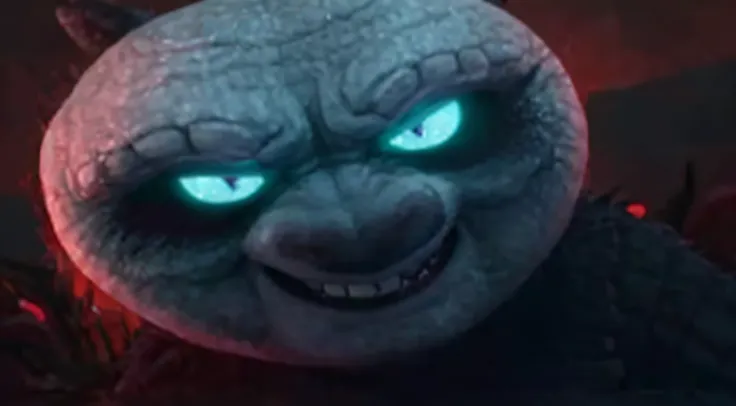 a close up of a creepy looking animal with glowing eyes, avatar image, evil smirk, menacing look, movie still of a snarling, evil smile and glowing eyes, animated film, smug smirk, smug look, shrek with red eyes, wojak, roshan, big evil grin, evil villain ...