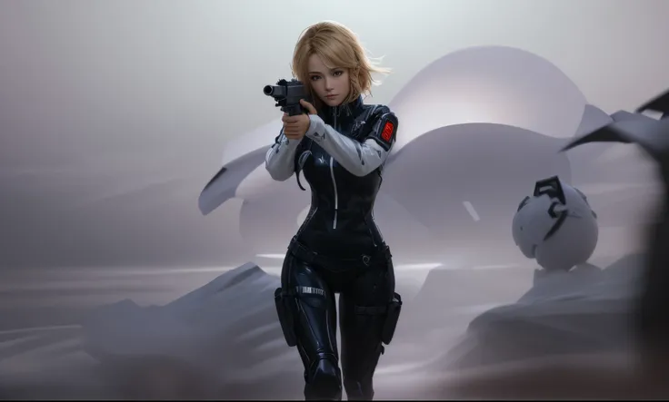 a man and a woman against the background of the city of the future, a dark-haired wizard man is standing facing us behind a woman with a fireball hanging over his hand, beautiful a real blonde woman holding and aim a future gun to viewer, shoulder length m...