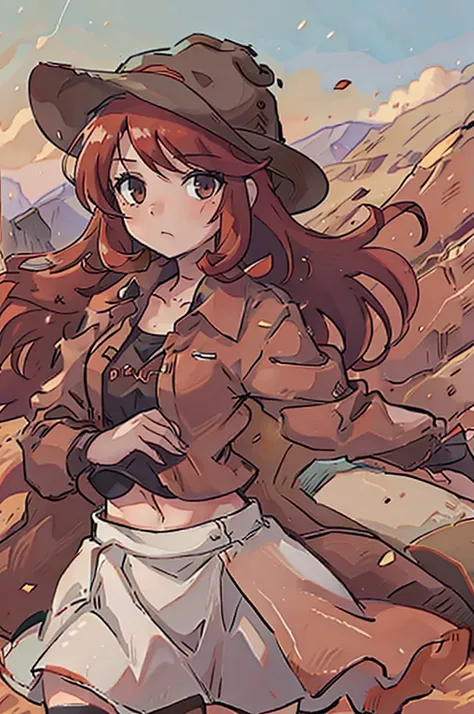 girl, red hair, long brown coat, cowboy hat, desert, skirt, midriff