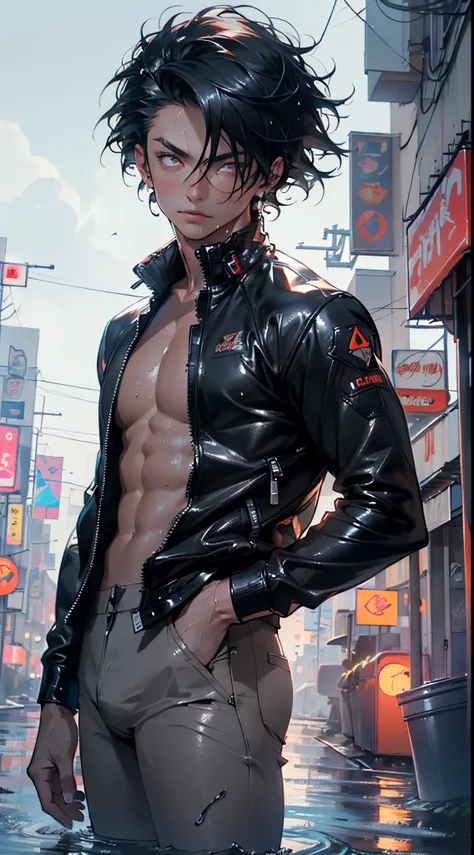 (1man:1.3),20-year-old,muscle,muscle man,(((male gender:1))),

(black hair,Wild Spike Black Saiyan hair),(((red_eyes:1.3))),intricate eyes,big pectorals,((muscle body,perfect anatomy))),(((dirty skin:1.5,lustrous skin:1.5,bright skin: 1.5,skin tanned,shiny...