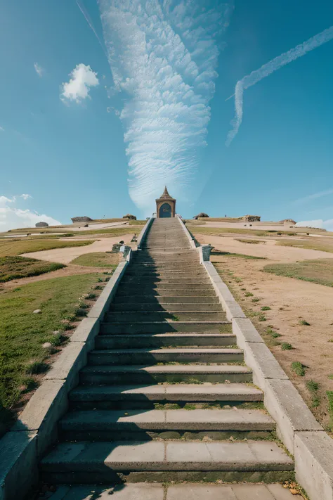 Imagine a surreal scene where an AI creates stairs in the sky, In an ethereal and timeless landscape. These stairs do not lead to houses or neighborhoods, but intertwine in complex patterns, Defying logic and gravity. Vision seeks to transcend reality, inc...