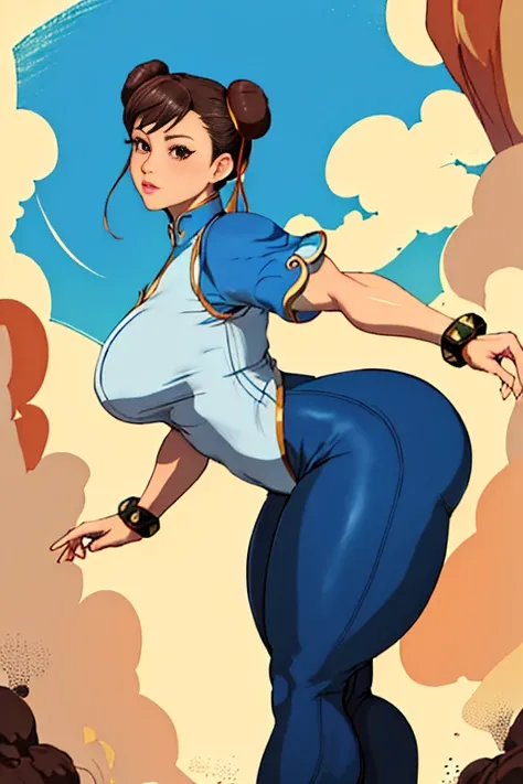 (Best Quality, 8k, 32k,1 Girl, Gigantic Breasts, Thick Thighs, Super Wide Hips, Huge Ass, Perfect Body, Ultra Detailed Face, Brown Hair, Blue Legging Pants, Chun Li, Stuck Hair, Two Buns in Hair.