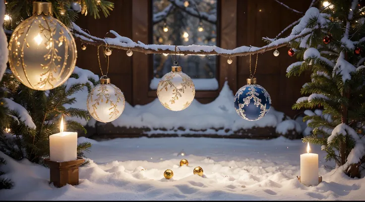 In a snowy landscape, beautiful Christmas bolas ornaments are hanging from a tree branch. The ornaments are made of delicate glass and adorned with intricate designs. The focus of the photograph is on the ornaments, with a soft and dreamy bokeh effect in t...