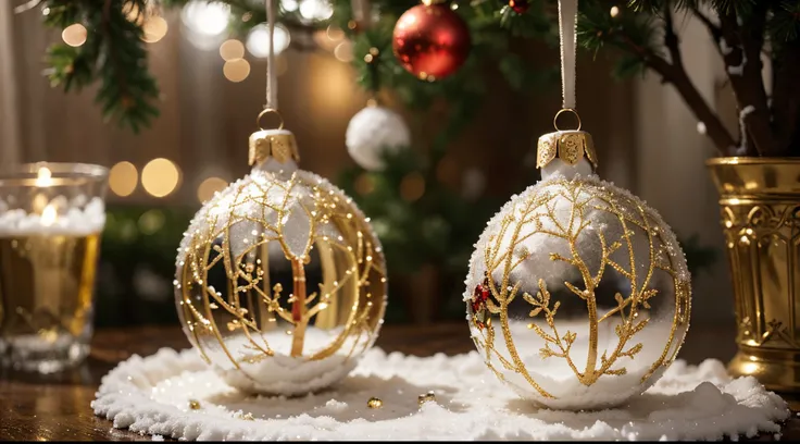 In a snowy landscape, beautiful Christmas bolas ornaments are hanging from a tree branch. The ornaments are made of delicate glass and adorned with intricate designs. The focus of the photograph is on the ornaments, with a soft and dreamy bokeh effect in t...