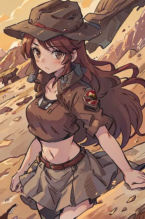 girl, red hair, ((long brown coat)), cowboy hat, desert, tight skirt, midriff