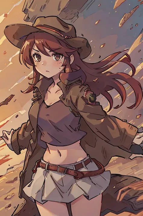 girl, red hair, ((long brown coat)), cowboy hat, desert, tight skirt, midriff