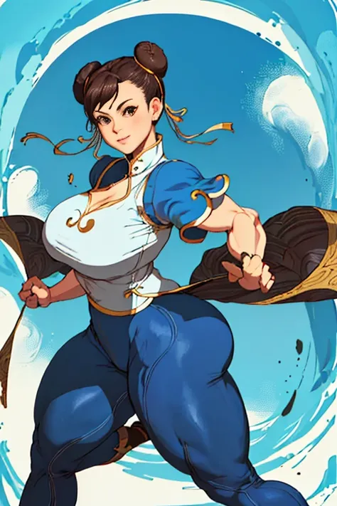 (Best Quality, 8k, 32k,1 Girl, Gigantic Breasts, Thick Thighs, Super Wide Hips, Huge Ass, Perfect Body, Ultra Detailed Face, Brown Hair, Blue Legging Pants, Chun Li, Stuck Hair, Two Buns in Hair.