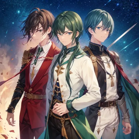 Young men、knights、Deep green hair、Deep Blue Eyes、holding swords