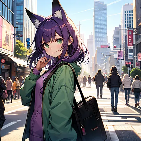 Teenage female、purple color  hair、Hair of medium length、Green eyes、has fox ears and a tail、a sailor suit、bag、delighted expression、City in the background、Meet in the city、The time is noon、The weather is sunny