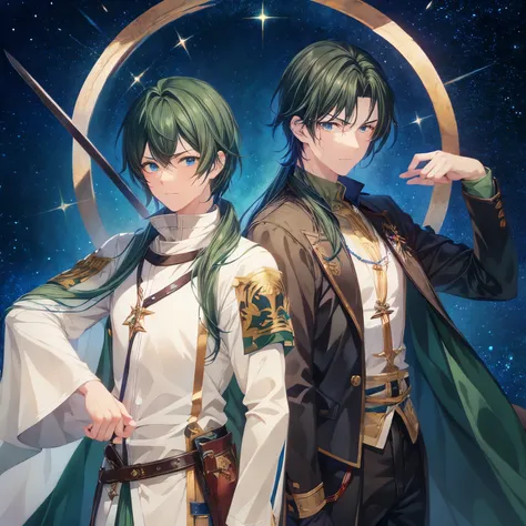 Young men、knights、Deep green hair、Deep Blue Eyes、holding swords