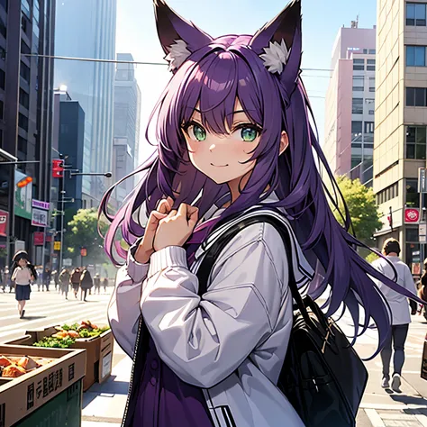 Teenage female、purple color  hair、Hair of medium length、Green eyes、has fox ears and a tail、a sailor suit、bag、delighted expression、City in the background、Meet in the city、The time is noon、The weather is sunny