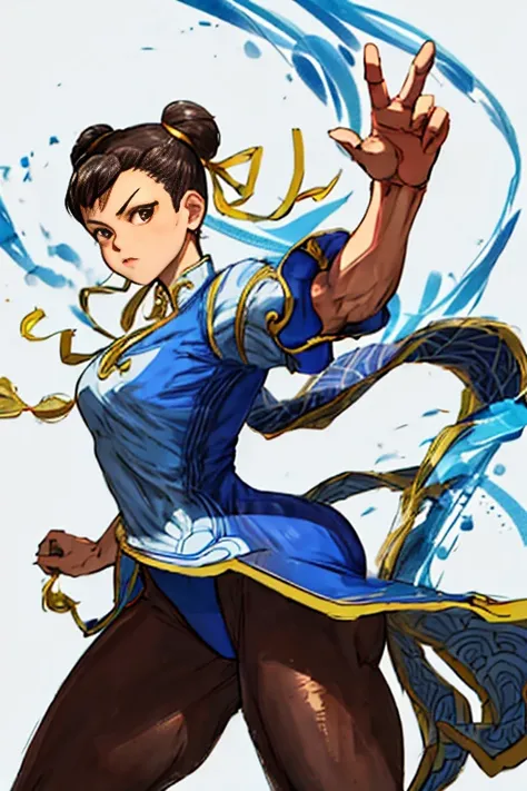 Street Fighter III Chun-Li usa um Qipao azul com bordados dourados e com fendas laterais grandes para melhor desempenho/movimentos nos combates, a type of brown pantyhose or leotard, pulseiras spike e botas brancas de cano alto.