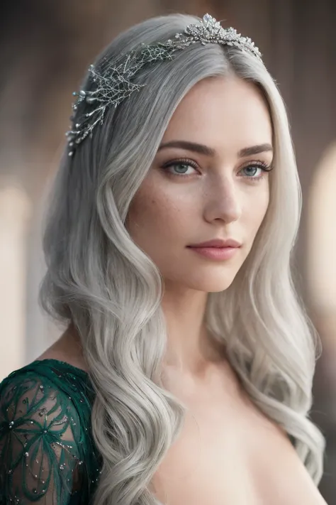 a close-up photography  of a elegant Princess with very long (windblown:1.1) ombre platinum white hair, disbelief, flat sagging breasts with long nipples,
she is strolling in Cinderella castle, she is wearing a beautiful multiple stitched layers green ball...