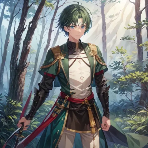 A young man、knights、Deep green hair、Deep Blue Eyes、have two swords、forested background