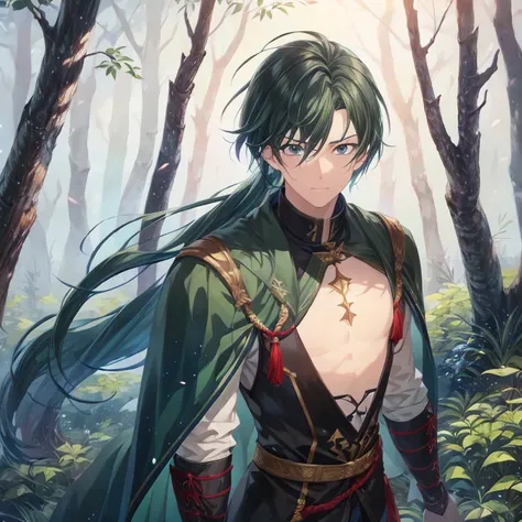 A young man、knights、Deep green hair、Deep Blue Eyes、have two swords、forested background