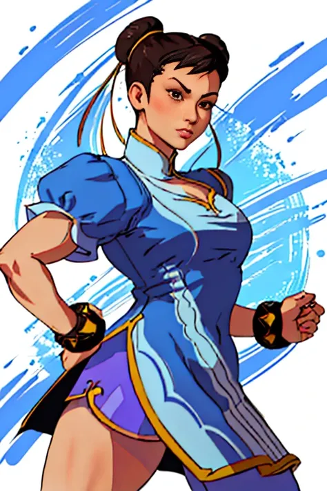 Street Fighter III Chun-Li usa um Qipao azul com bordados dourados e com fendas laterais grandes para melhor desempenho/movimentos nos combates, a type of brown pantyhose or leotard, pulseiras spike e botas brancas de cano alto.