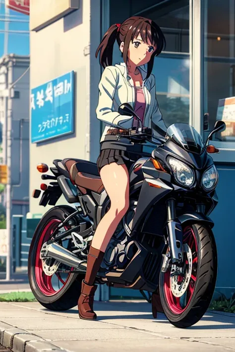 a girl sitting on motorcycle saddle, miniskirt, white panties, shinkai makoto, kimi no na wa,