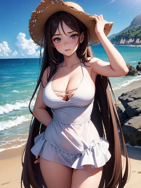 (masterpiece,derailed,8k HDR,hires,best quality:1.4),beautiful sea,on beach,cinematic lighting,face lighting,1girl,good anatomy,better hands,cowboy shot,detailed face,very pretty,pretty face,detailed eyes,sparkring eyes,droopy eyes,double eyelids,(eye bags...