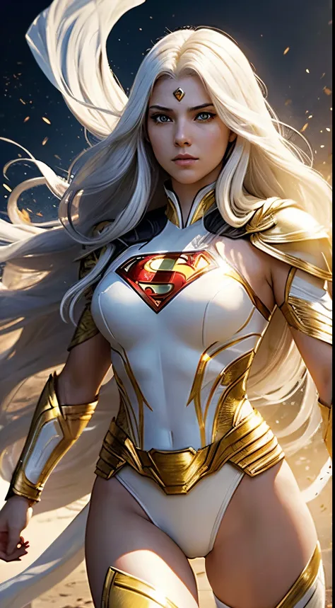 A beautiful warrior woman, with long white hair and yellow eyes, wearing white and gold dc comics superman armor with several yellow rays running across her body