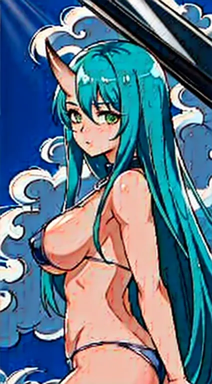 large bust, micro fixture, Microbikini, V string thong, , bigger, perfect anatomia，oni horn，，Latte，Milk spillage，Green hair