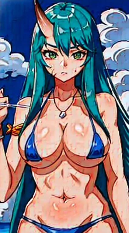 large bust, micro fixture, Microbikini, V string thong, , bigger, perfect anatomia，oni horn，，Latte，Milk spillage，Green hair