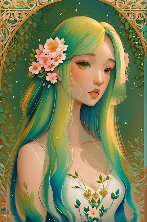 hiquality，Masterpiece，delicate facial features，Delicate Hair，gentle eyes，Delicate Hair，Girl Animemanga，deer antler hair color，florals, Dreamy style, Fantastic flower garden，Fantasy clothing,Romantic dress, beautiful and elegant elf queen, a beautiful fanta...