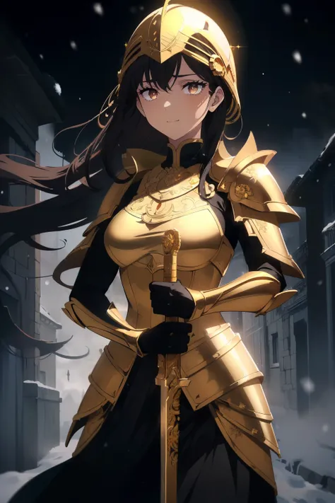 ((obra maestra, la mejor calidad, ultrahigh resolution)), 1girl, standing, confidant stance, (((((soldier, clad in golden steel ...