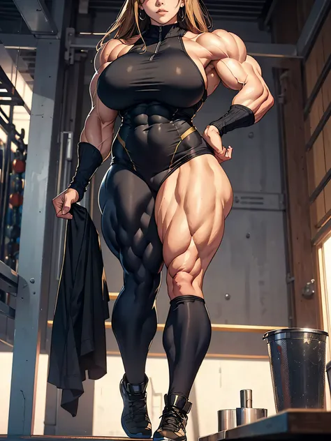 Beautiful woman, attractive body, (((giant breasts))), (tall legs:1.4), wide hips, realistic detailed, full covered tight dress, military, straps, long hair, ((Bodybuilder)), ((((huge muscles)))).