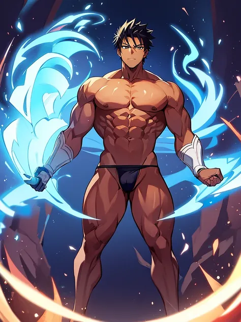 2D anime illustration of a muscular, dark-skinned, sexy man flexing naked looking at the camera　giant root