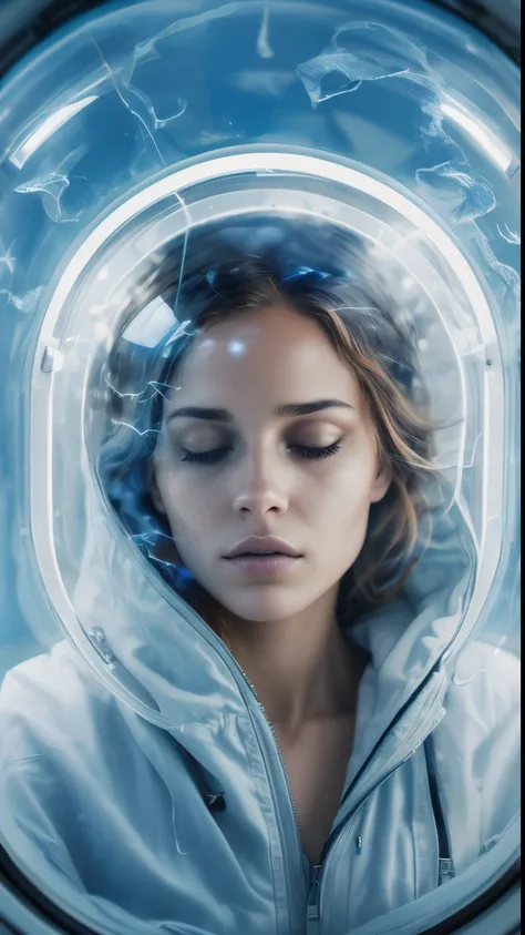 Arafed woman in a white jacket looking through a glass window., Hermosa mujer en traje espacial, Astronauta futurista, Cryogenic pods, Retrato de un astronauta de IA, Zoe Kravitz astronauta futurista, portrait of a sci - fi woman, Retrato Astronauta blinda...