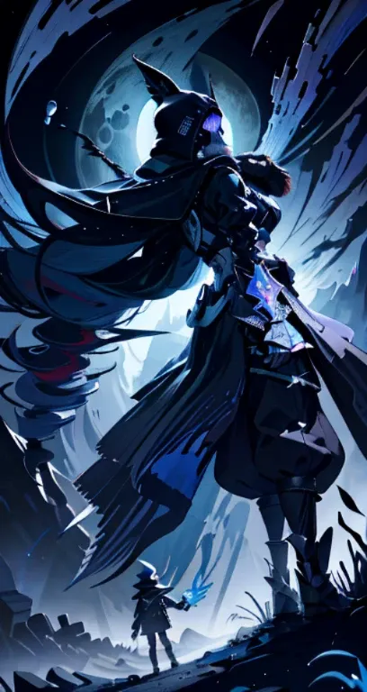 Surreal landscape in moonlight, Features a hooded silhouette and faceless features. Glowing glyphs and symbols enhance the silhouette, This is emphasized by the character&#39;s large hood and long claws.