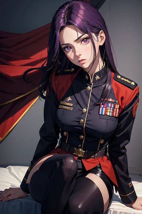 General militar,mujer,cabello morado reflejo rojos,el traje militar tenga hombreras rojas,que sea hermosa,con ojos rojos,botas rojas con detalles morados,que el traje sea blanco,con una mirada seria.