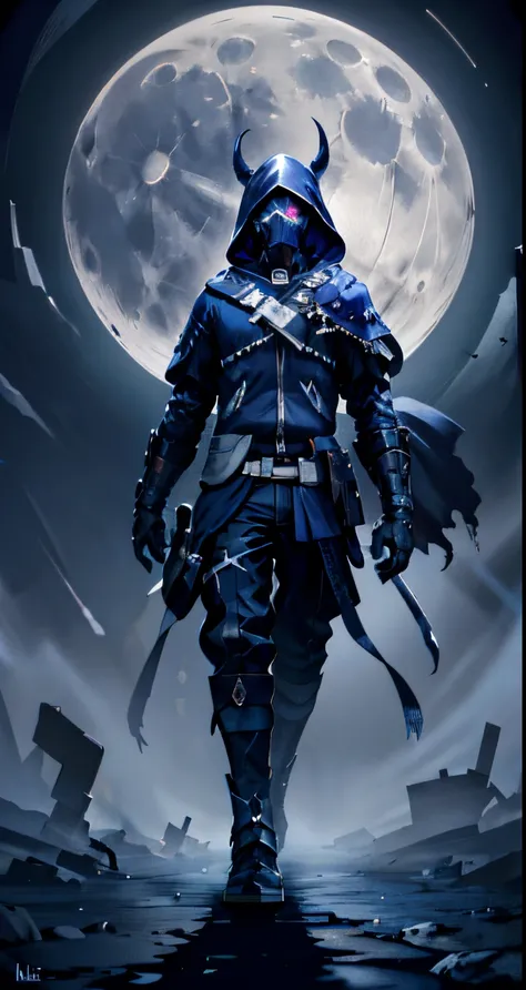 Surreal landscape in moonlight, Features a hooded silhouette and faceless features. Glowing glyphs and symbols enhance the silhouette, This is emphasized by the character&#39;s large hood and long claws.