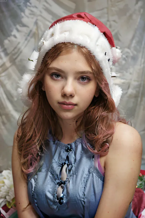 mulher de 18 anos seu lindo cabelo longo e rosa, she is wearing a pink santa hat on her head, your beautiful blue eyes and natur...